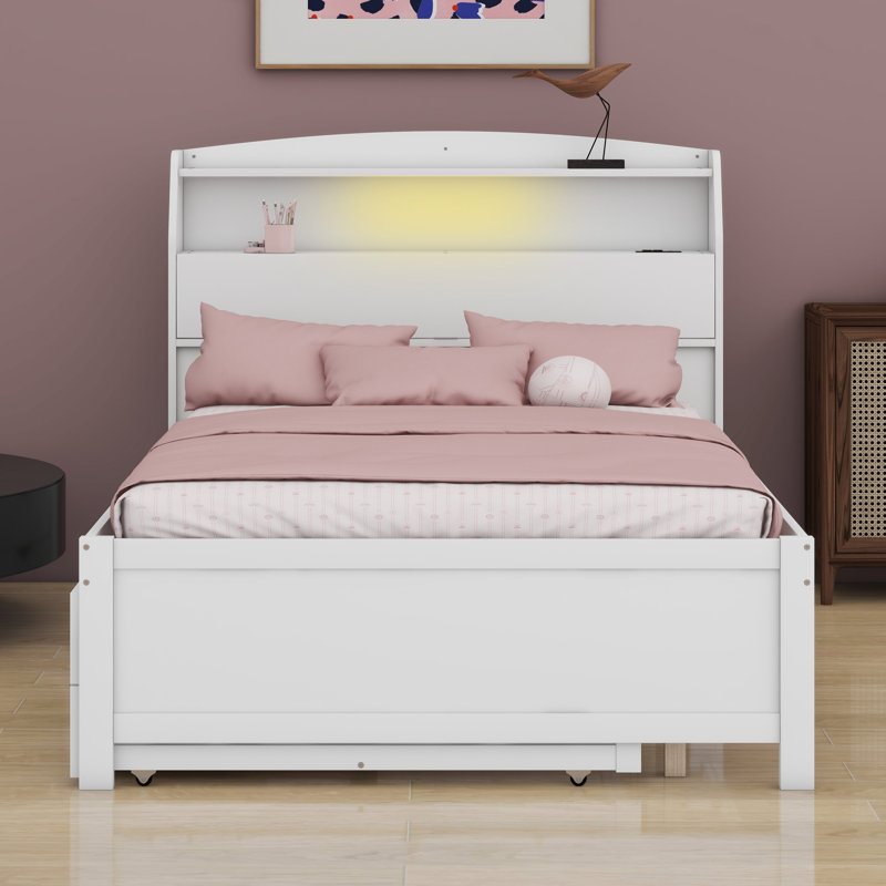 Lit plateforme en bois avec lit gigogne à DEL, Blanc