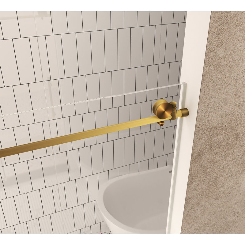 Shower Door 56 - 60"w X 76"h, 1/4"(6 Mm) Clear Tempered Glass, Brushed Gold Finish, American Design For Bathroom, Stainless Steel Handle, Proof Film, Large Wheels And Round Tracks, Fashionable Easy