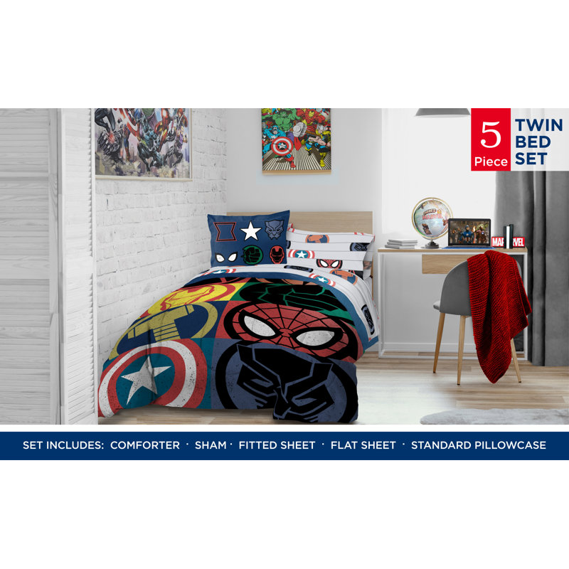 Ensemble de lit Marvel Emblems, Édredon simple + 4 pièces supplémentaires