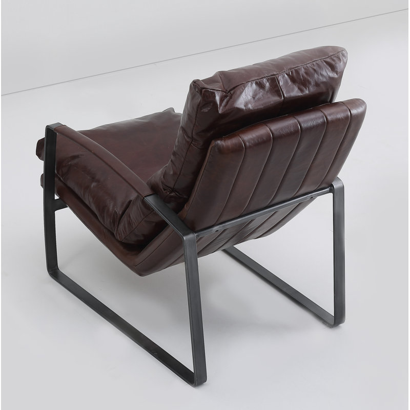 Méridienne et repose-pieds Salinas, Fer patiné, Cuir véritable brun châtaignier
