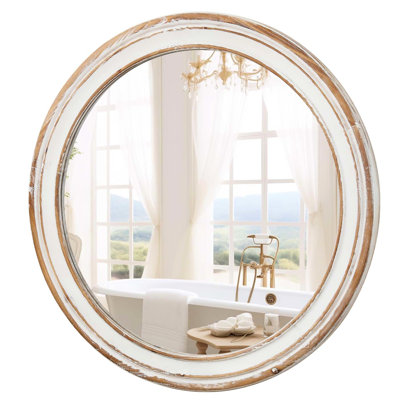24.08 In. Round Mirror For Bedroom, Entryway. Whitewash Edge Wooden Mirror. Crystal Clear Reflection. Easy Installation Method Wall Office, Bedroom. Style With Edge. Simple Process