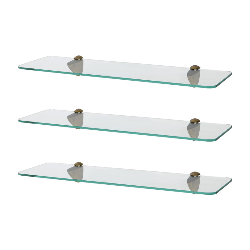 Harbour Housewares - Rounded Floating Glass Shelves with Metallic Brackets - Set of 3, 13 H x 50 W x 0.5 D cm, Gold