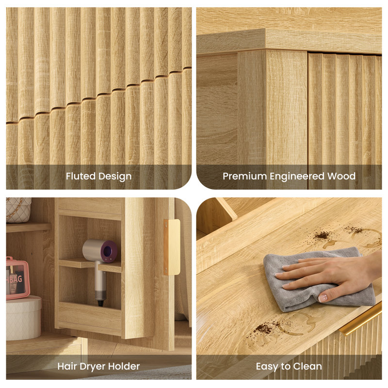 Meuble-lavabo cannelé avec miroir lumineux à DEL, 2 tiroirs, armoire, tablettes et station de charge pour la chambre à coucher