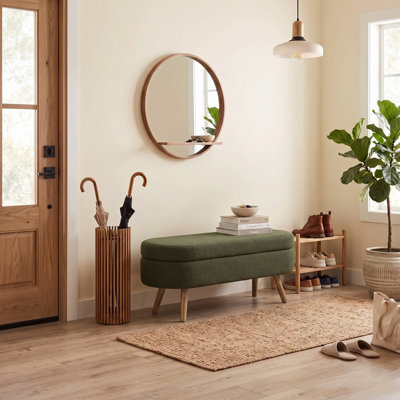 Banc de rangement ovale de style ottoman en lin 16 po x 43 po x 16 po avec pieds en bois d'hévéa et compartiment de rangement.