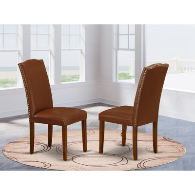 Chaises de salle à manger Parsons - Ensemble de 2 chaises rembourrées en similicuir brun et garniture cloutée