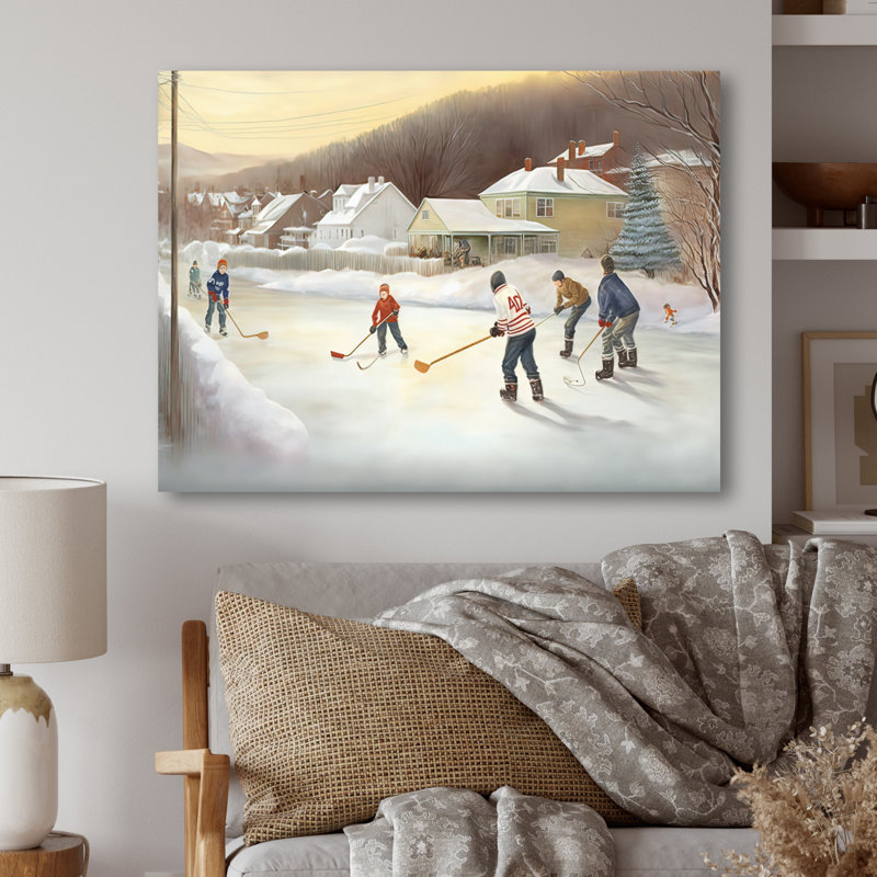 Enfants jouant au hockey en hiver IV - art mural de hockey sportif pour le salon, H 12 po x l 20 po x P 1 po, Toile tendue