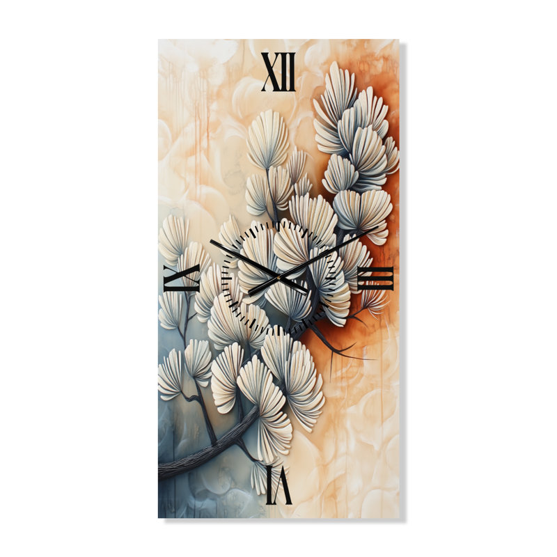 Horloge murale en métal Japandi - Branche de pin en Sumi-E I, H 40 po x l 20 po - Rectangle