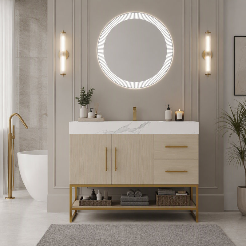 Freestanding Standard Free Standing Single Double Single Vanity Bathroom Vanity With Stone Top, Gold,Walnut,White