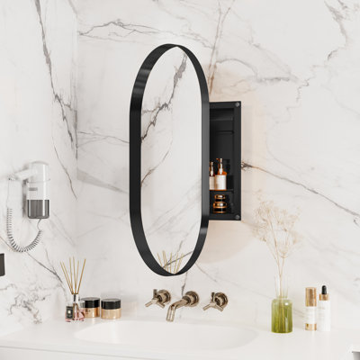 20X34 Inch Bathroom Cabinet With Mirror, Recessed Oval, Matte Black Metal Frame, Adjustable Shelves, Oval Medicine Storage Cabinet, Inch, Frame Mirror And Hygienic