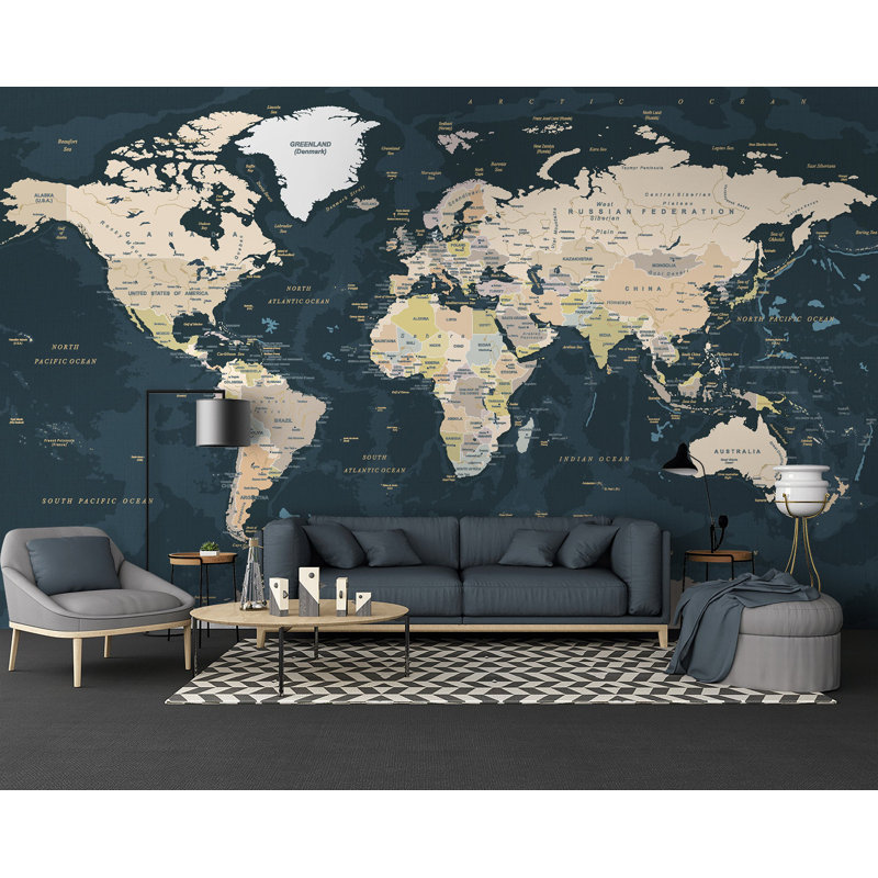 Papier peint amovible carte politique du monde foncé, L 48,96 po x l 75 po