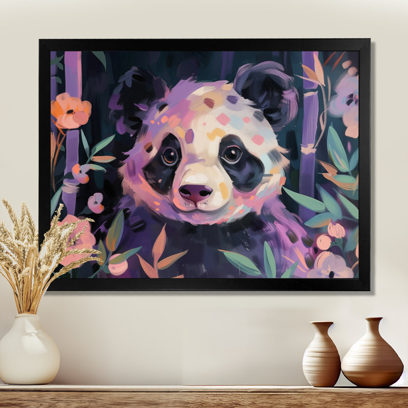 Blanc, mauve, panda, jungle I - art mural animal panda, Cadre noir, H 30 po x l 40 po
