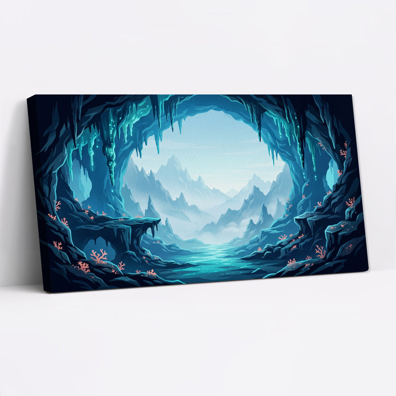 «Teal Glowing Cave Tunnel View of Misty Mountains», art mural sur toile, L 58 po x H 28 po