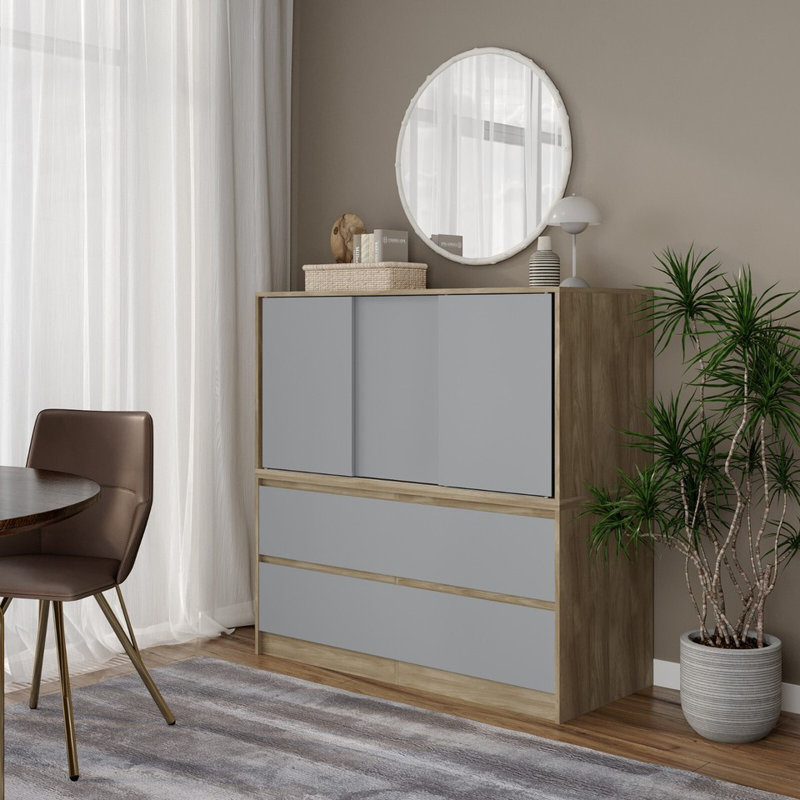 Solid Wood Rectangle Accent Cabinet, Oak with Grey