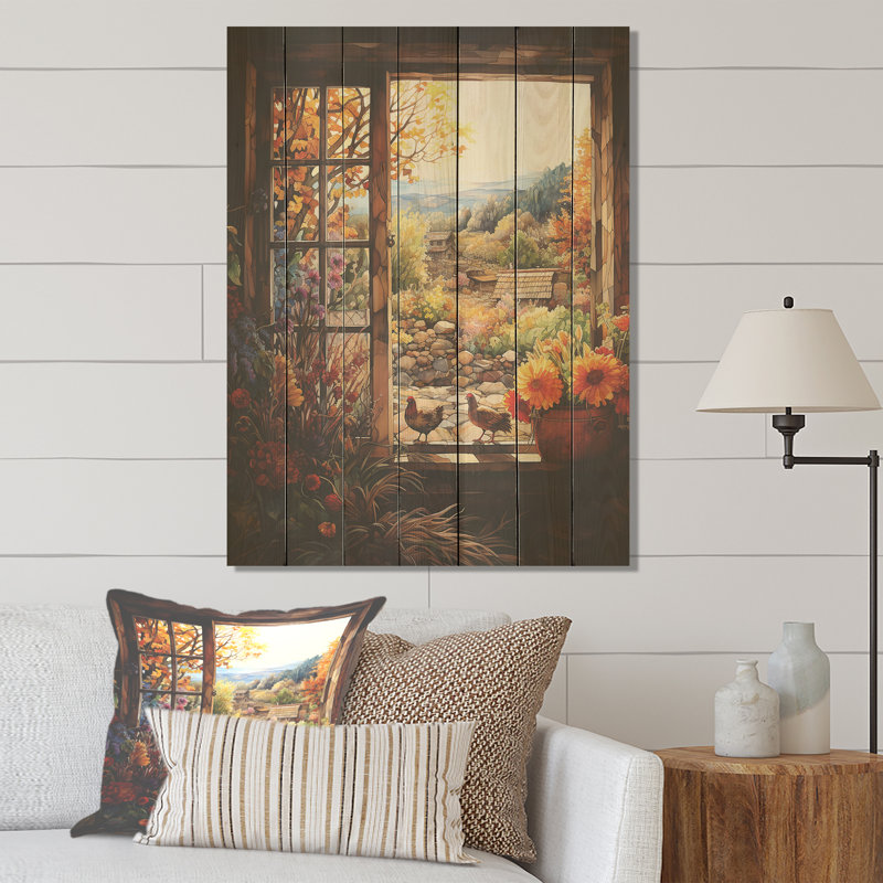 «Brown Farmhouse Window Blooms In Summer II» - Fenêtres de ferme sur impression sur bois, H 32 po x l 24 po