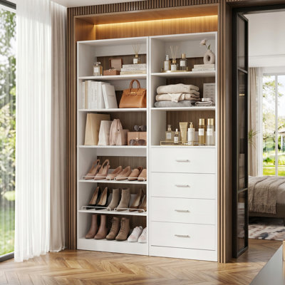 Bettyann Closet System with 4 Drawers, Shoe Racks, Adjustable Shelves