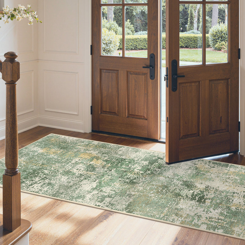 Pavelina Abstract Morden Machine Washable Non-Slip Green / Beige Indoor Area Rug, Runner 2'4" x 8'