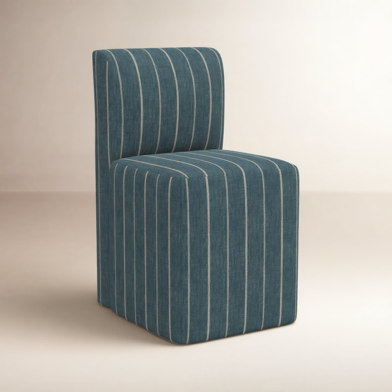 Mendy Upholstered Dining Chair with Casters, Fritz Indigo Stripe