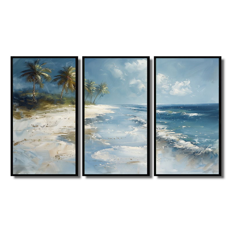 «Blue Green Palm Trees Coastal Breeze V», ensemble d'art mural palmiers et palmiers, Toile avec cadre flottant noir