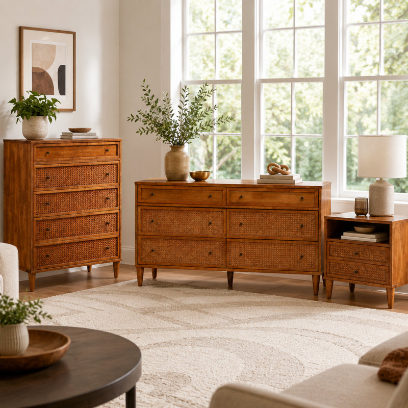 Ingraham 59.1" W Mid-Century Modern Solid Wood Cane 6-Drawer Double Dresser, Walnut