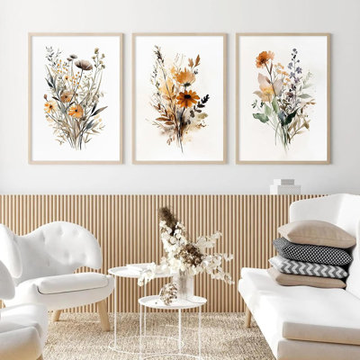 Art mural botanique, ensemble de 3 impressions murales florales, art sur toile rétro, fleurs sauvages, aquarelle, œuvres d'art de ferme, peinture florale moderne pour salle de bain, chambre à coucher, 16 x 24 pouces
