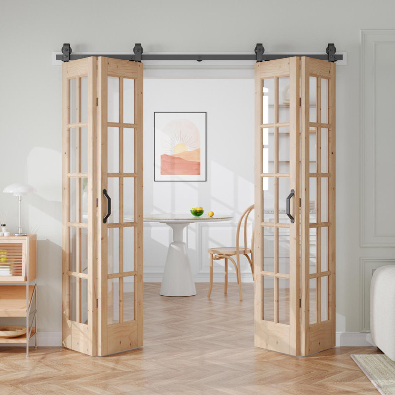 Porte pliante en verre et bois massif avec quincaillerie d'installation, 4, 72 po x 84 po