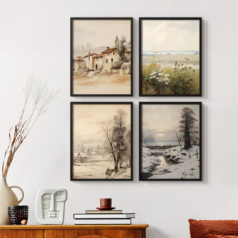 "Paysage rétro", 4 pièces sur papier, H 10 po x l 8 po, Noir