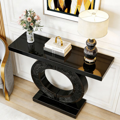 Console à miroir de 43 po pour le salon, table d'entrée en miroir moderne avec base en forme de O en cristal, tables de hall d'entrée en verre de luxe pour le couloir d'entrée