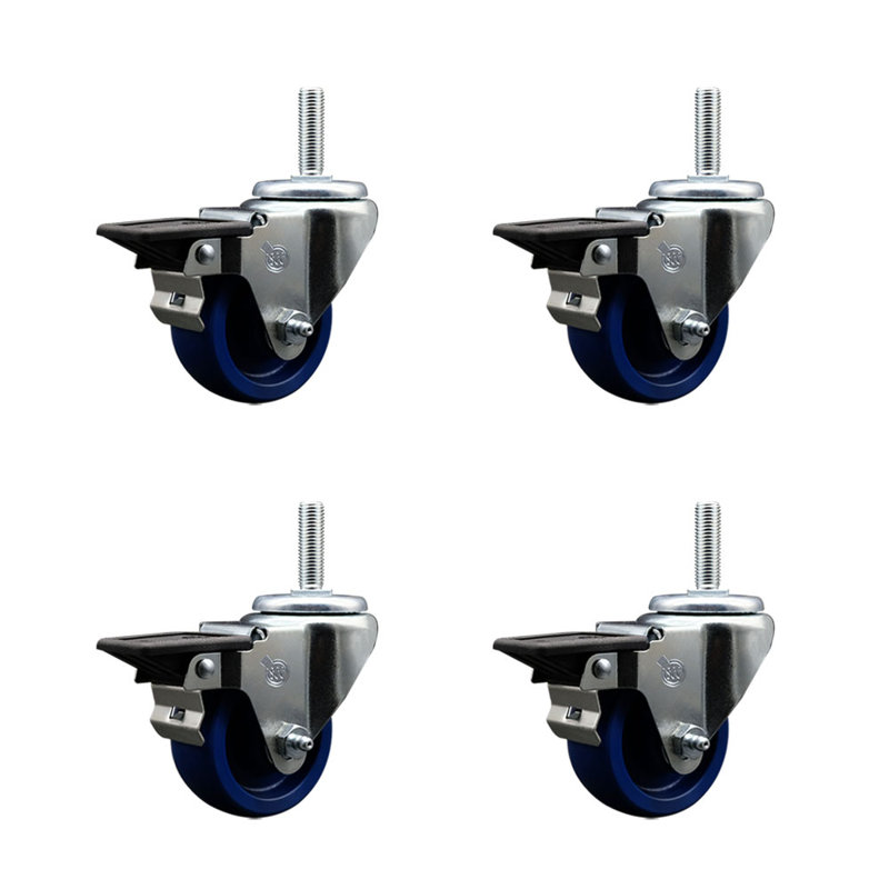 3 Inch_Solid Poly Wheel Swivel 3/4 Inch_Threaded Stem Caster Set with Brake