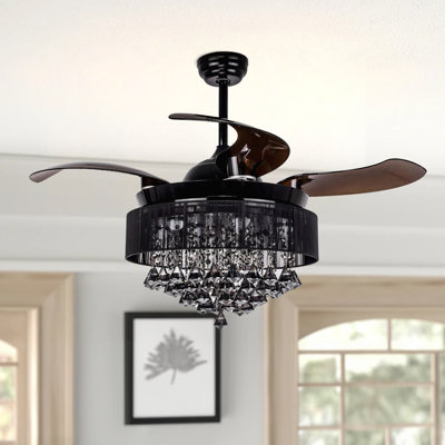 42" Crystal Invisible Ceiling Fan Light with Remote Control, Retractable Blades