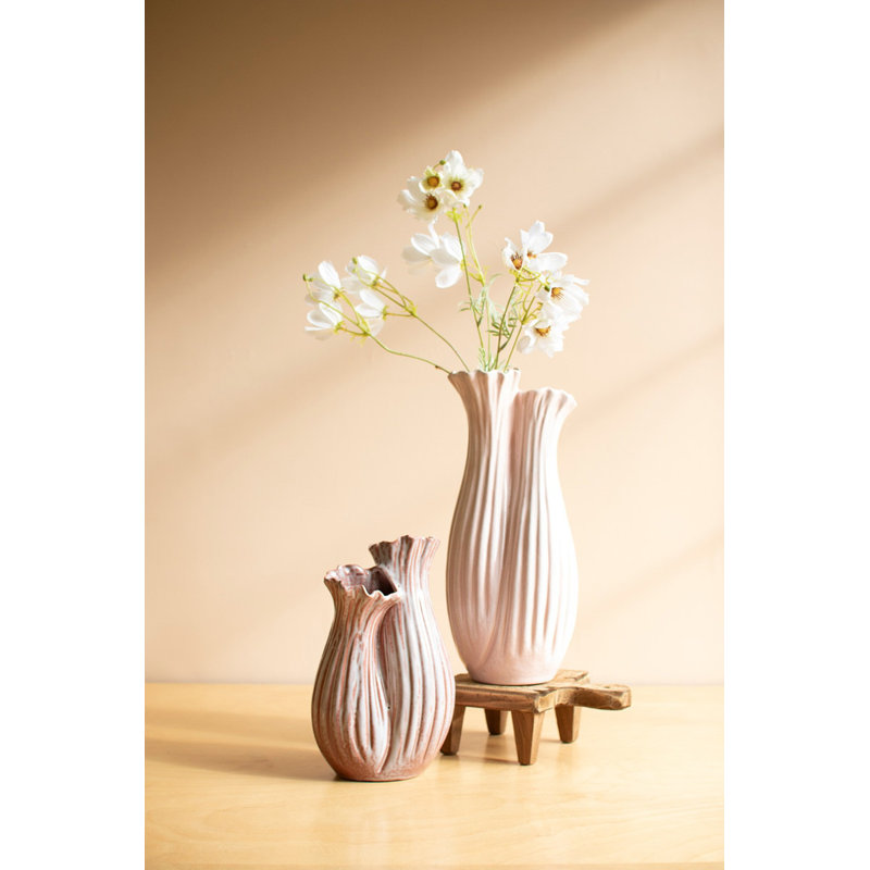  Ceramic Fluted Vase Set of 2 – Double Opening Tabletop Decor – 14.5" Tall