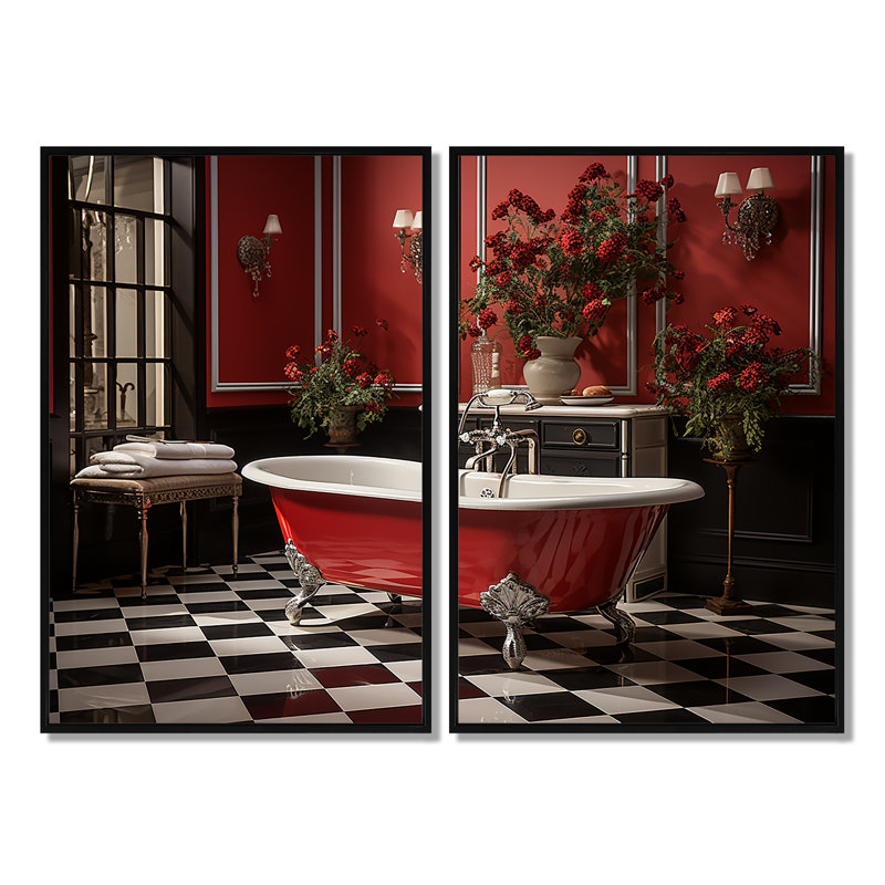 Rouge moderne, charme de salle de bain IV - Art mural traditionnel, Black, 36" H x 48" W, Impression encadrée flottante