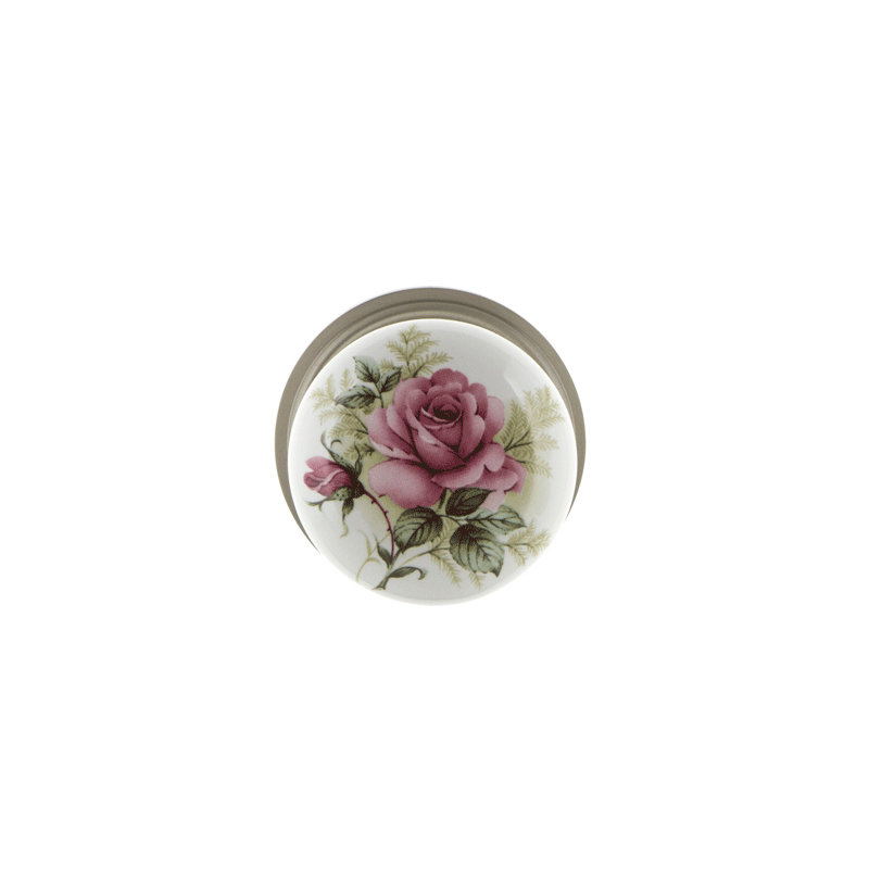 Classic Rosette with White Rose Porcelain Door Knob, 2.75", Satin Nickel