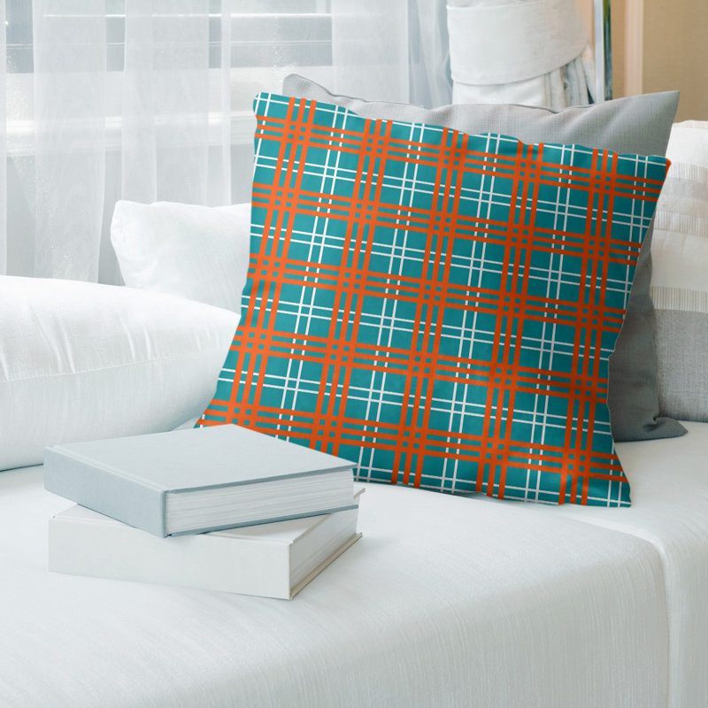Plaid Outdoor Reversible Throw Pillow, 18" x 18", Aqua/White/Orange, Down Blend