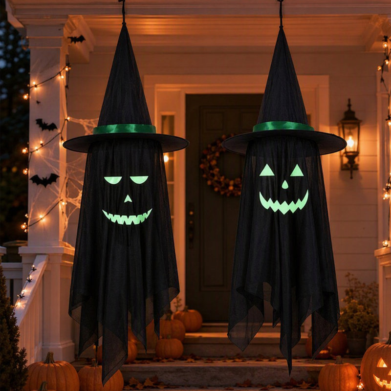 Lot de 2 décorations fantômes suspendues pour l'Halloween avec chapeaux de sorcière, autocollants visage phosphorescents à faire soi-même, 100 cm (39,37 pouces) pour jardin et porche.