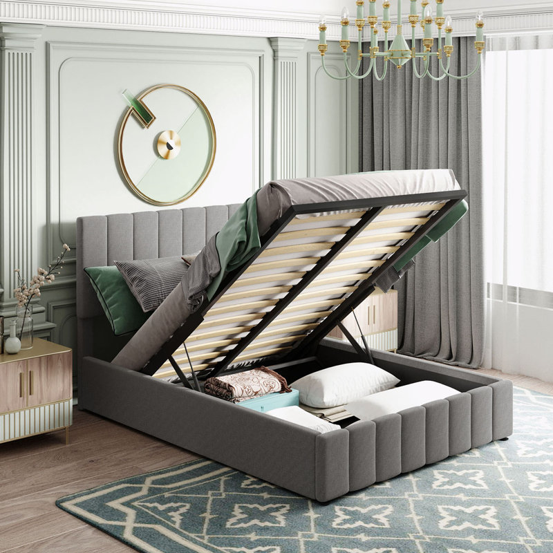 Lit plateforme tapissier avec rangement Alfie-Ray, gris, Double