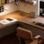 Bureau en bois massif en forme de L brun noyer + en rotin +-1124531165-1124531106
