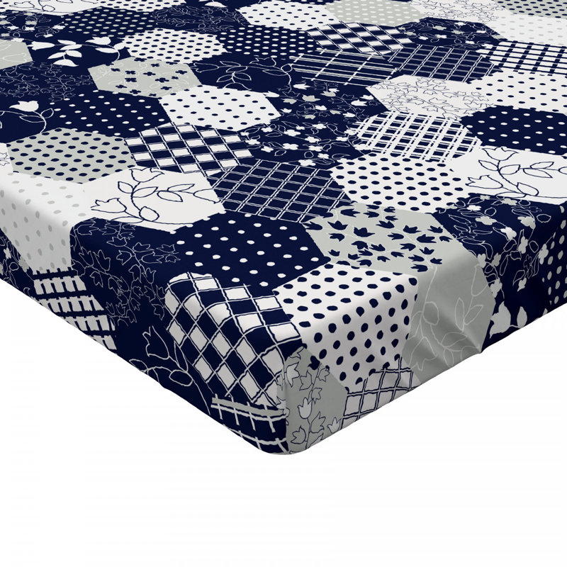 Navy and White Patchwork Microfiber Queen Fitted Sheet