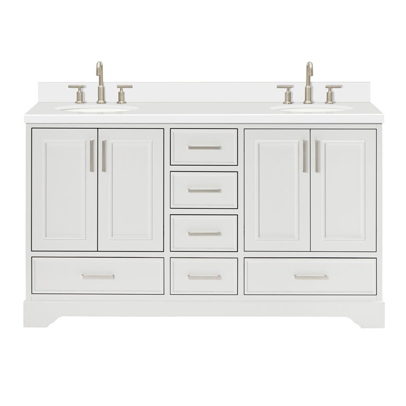 61'' Double Bathroom Vanity with White Quartz Top, White