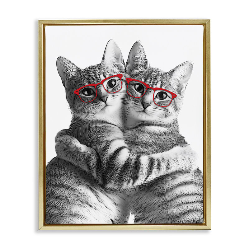 Art mural sur toile flottant, "Chat paire avec lunettes" par Annalisa Latella, Cadre flottant métallique doré