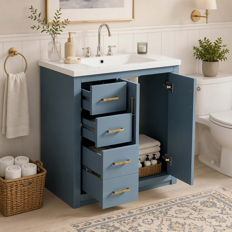 Meuble-lavabo de 76 cm avec lavabo en céramique, structure en bois, 3 tiroirs et portes à fermeture douce pour un rangement durable