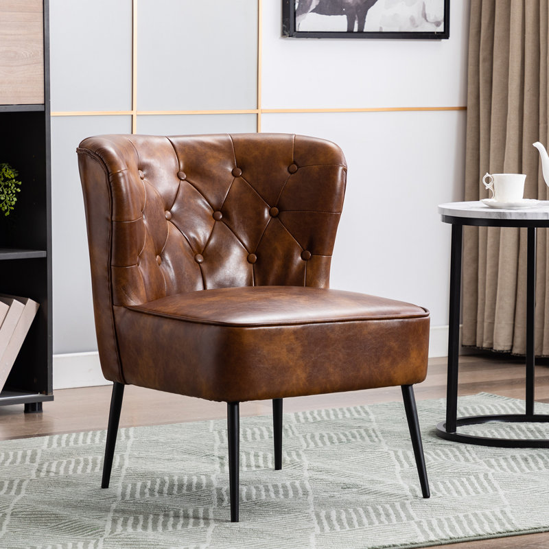 25" W Tufted Side Chair, Yellowish Brown Faux Leather