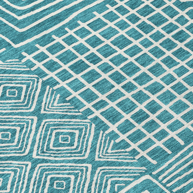 Teal Geometric Pattern Washable Synthetic Area Rug