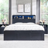 Modern LED Light Bed Frame with 50" Tall Storage Headboard, Platform Bed Frame w/4 Drawers, w/Charging Station