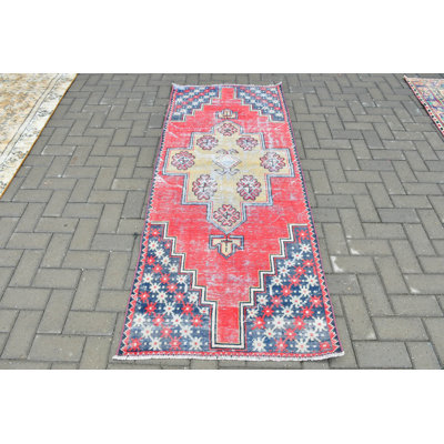 Vintage Turkish Red Oushak Runner Rug Handwoven Of Wool For Bohemian Decor In Hallway And Other Areas