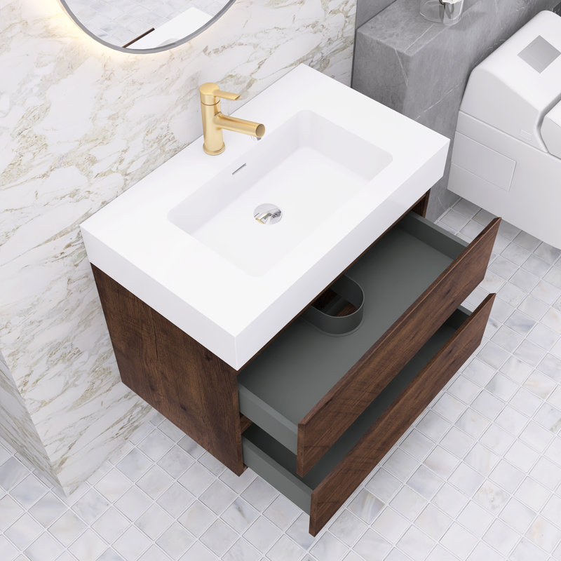 Ensemble de meuble-lavabo simple 30 po avec surface solide Lillyanah, Noyer, Blanc