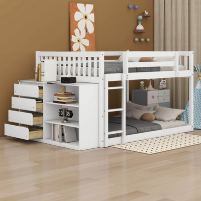 Iveigh Full Over Full Bunk Bed With Storage, Low Bunk Bed Frame With 4 Drawers And 3 Shelves