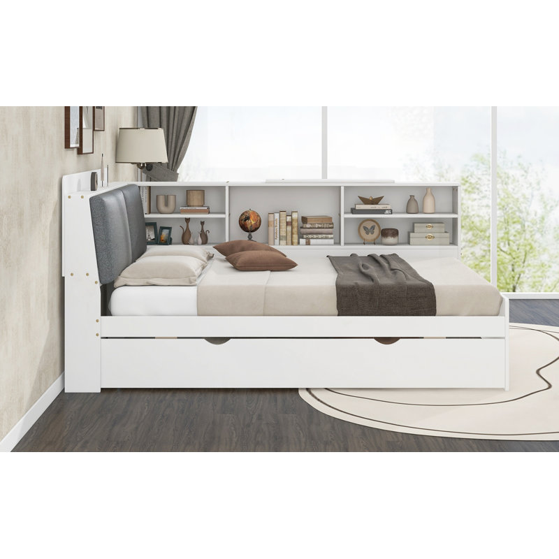Lit plateforme en bois avec lit gigogne, Blanc, Double
