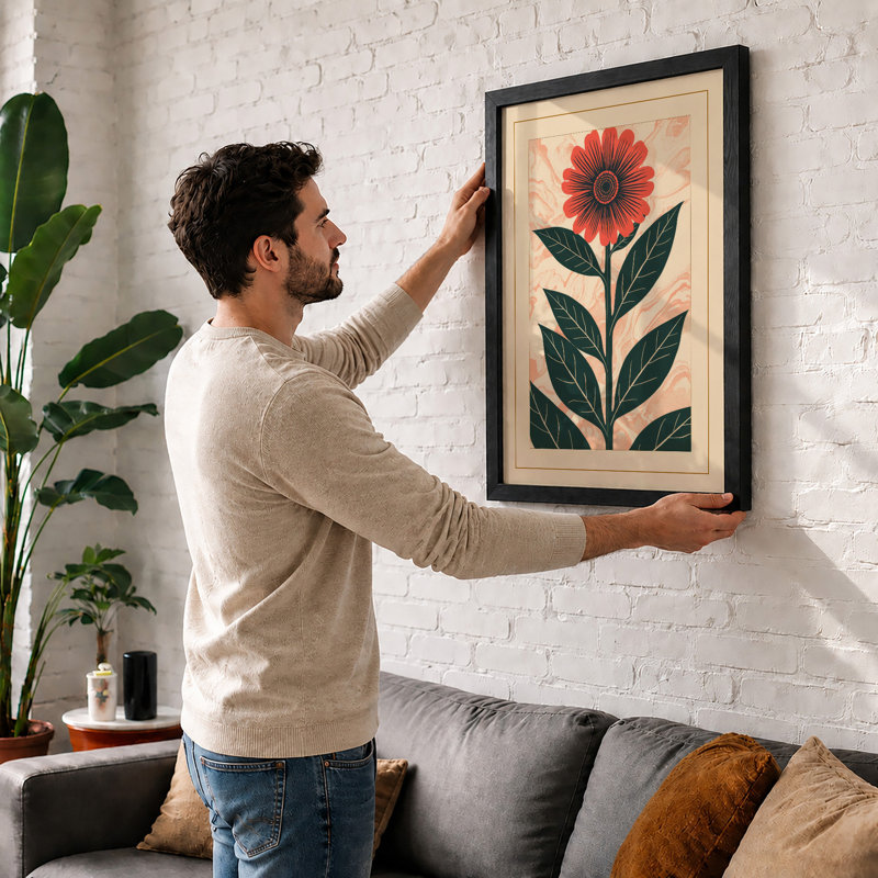 Red Gerbera Daisy Botanical - Framed Print, A1 - 84.1 x 59.4 cm, Oak
