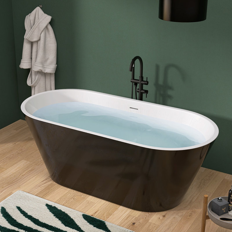 59'' x 30'' Freestanding Contemporary Soaking Acrylic Bathtub with Overflow and Drain, Glossy Black