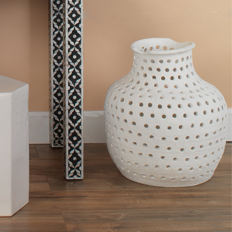 Rustic White Handmade Ceramic Perforated Decorative Table Vase